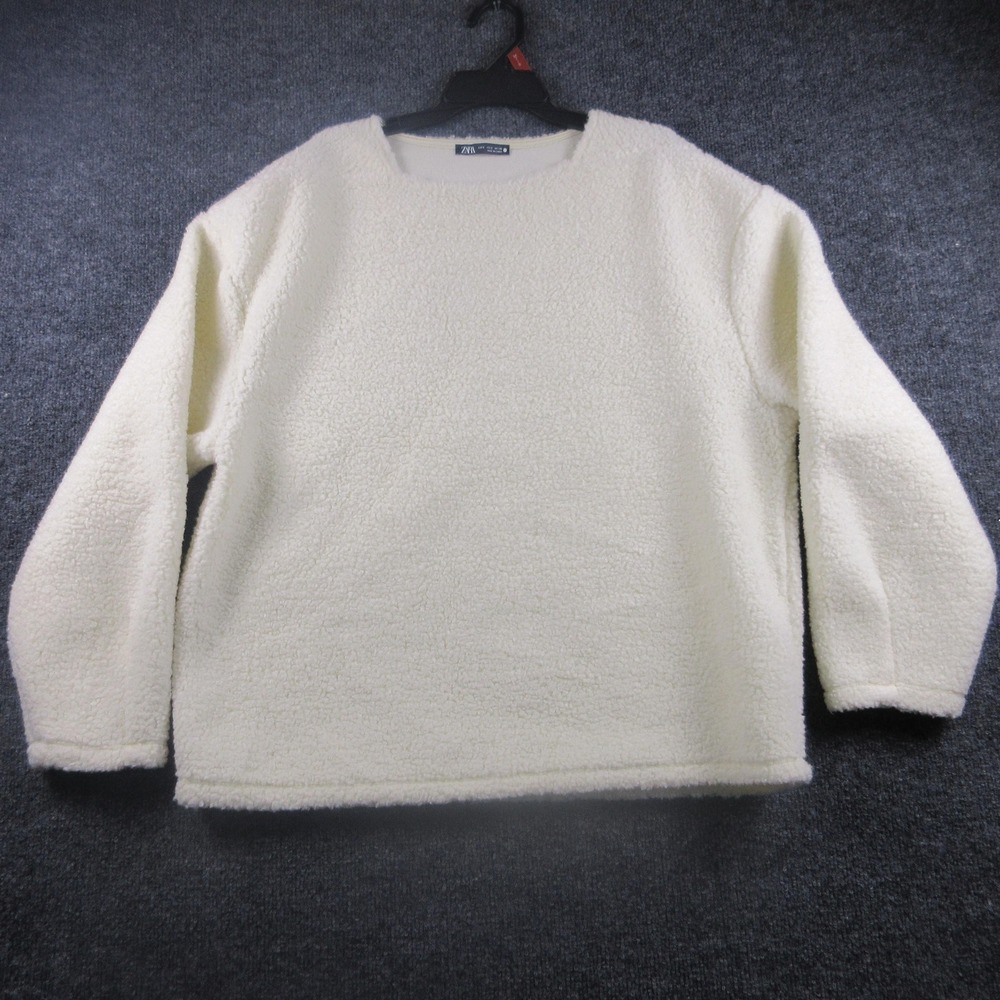 Zara Sweater Womens Small White‎ Sherpa Fleece Crew Neck Pullover Warm Casual